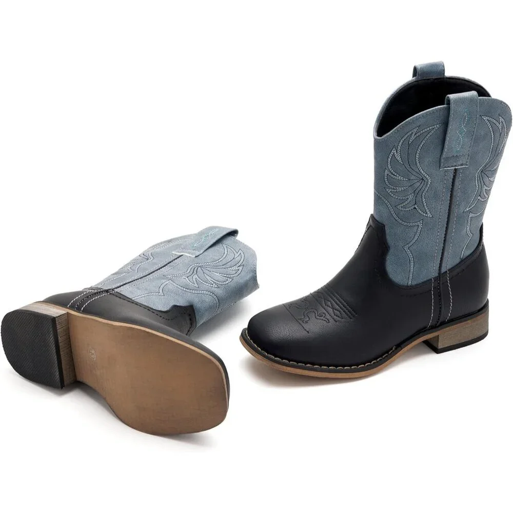 ⚡Girls Blue Black Embroidered Cowgirl Boots Western Square Toe Mid Calf